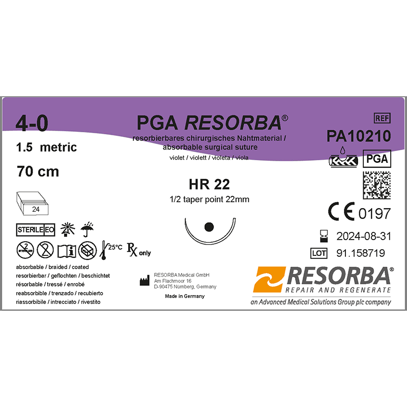 ПГА РЕСОРБА USP4-0, фіолетовий, довжина 70 см, голка колюча, 22мм, 1/2 кола